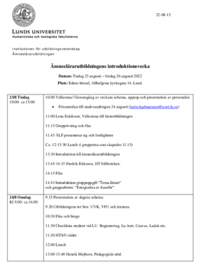 PDF film med schema för introduktionsveckan 2022 