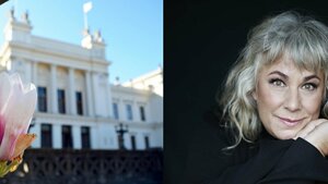 Universitetshuset till vänster, Stina Wollter till höger.